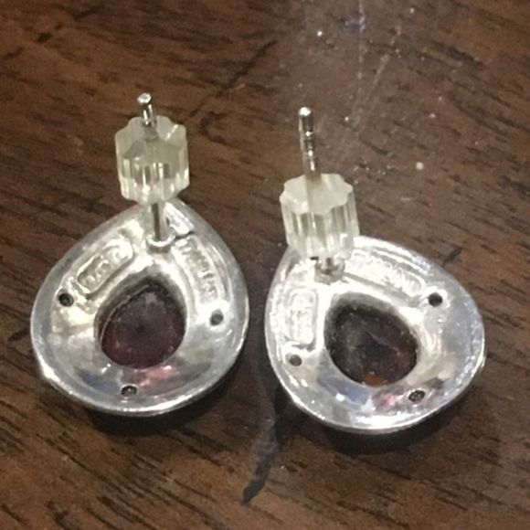 Faceted Garnet Marcasite Sterling Silver Teardrop Earrings - Picture 4 of 6